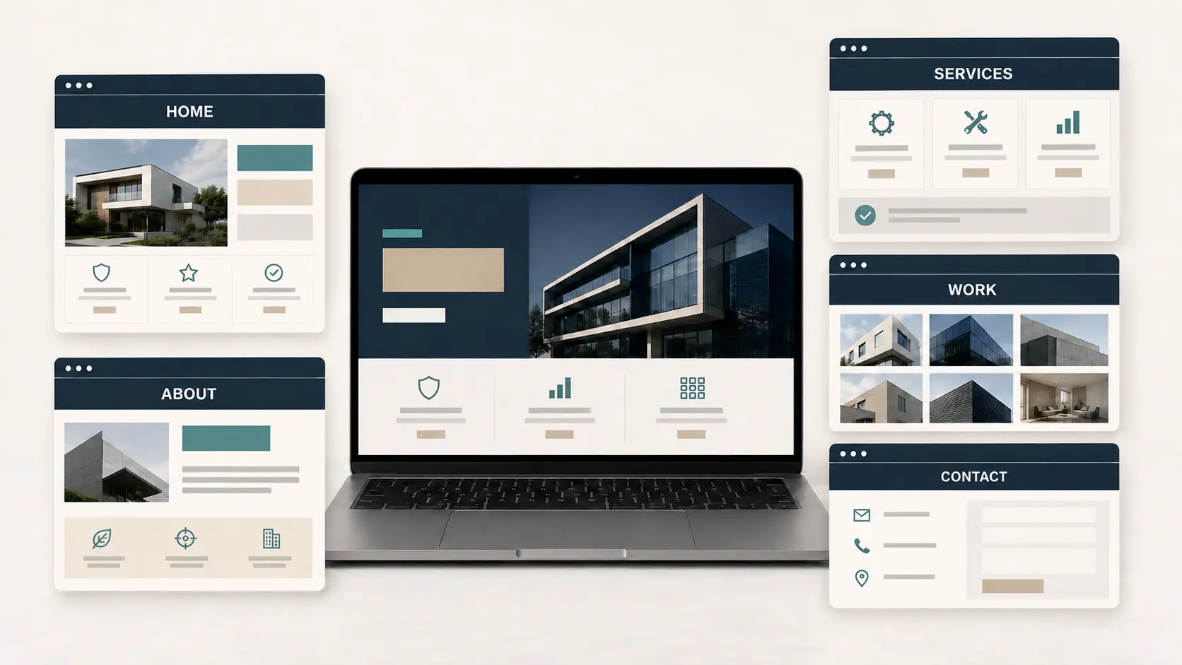 Five-page business website showing Home, About, Services, Work and Contact pages.